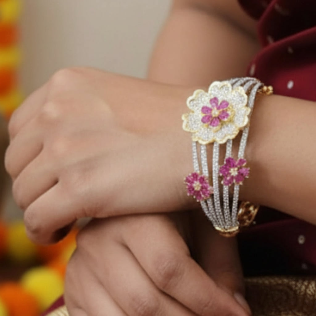 Ruby Floral Premium CZ Cuff Bracelet